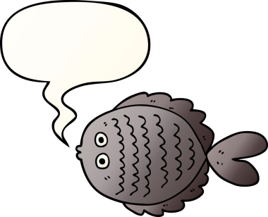 bir insan tarafından çizilmiş, konuşma baloncuklu düz çizgi film balığı.