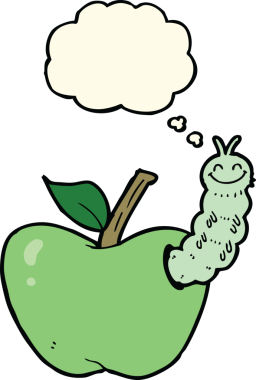 Bir insan tarafından çizilmiş düşünce baloncuklu bir elma.