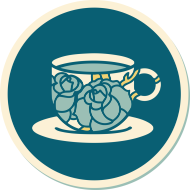 Geleneksel bir kupa stili dövme çıkartması ve bir insan tarafından çizilmiş çiçekler.