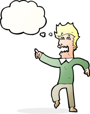 Bir insan tarafından çizilmiş düşünce baloncuğuyla işaret eden korkmuş bir çizgi film.