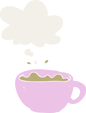 Düşünce baloncuklu çizgi film kahve fincanı insan tarafından çizilmiş.