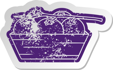 Bir insan tarafından çizilmiş domates kutusunun eski bir karikatür çıkartması.