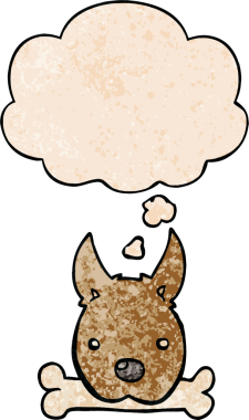 Düşünce baloncuğu olan kemikli çizgi film köpeği. Bir insan tarafından çizilmiş grunge doku tarzı.