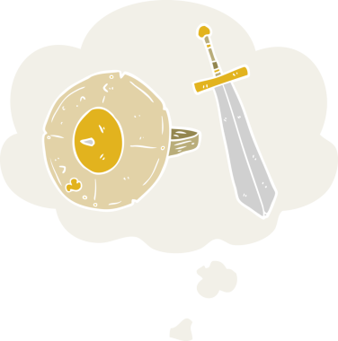 insan tarafından çizilmiş düşünce baloncuklu çizgi film kalkanı ve kılıcı.