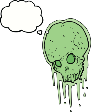 Bir insan tarafından çizilmiş düşünce baloncuklu yapışkan kafatası.