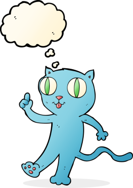 Bir insan tarafından çizilmiş düşünce baloncuklu çizgi film kedisi.