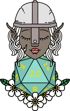 Retro Tattoo stili elf dövüşçüsü. Bir insan tarafından çizilmiş 20 zar ile.