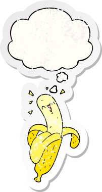 Düşünce baloncuklu çizgi film muzu, insan tarafından çizilmiş yıpranmış bir çıkartma gibi.