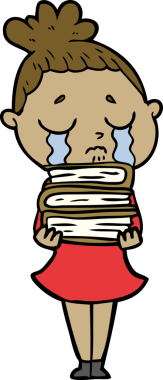 Bir insan tarafından çizilmiş kitap yığınıyla ağlayan kadın çizgi filmi.