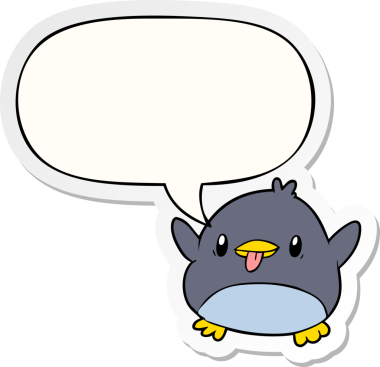 Bir insan tarafından çizilmiş konuşma kabarcığı çıkartmalı sevimli penguen.