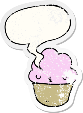 Yüzü konuşma baloncuğu olan çizgi film keki bir insan tarafından çizilmiş sıkıntılı eski bir çıkartma