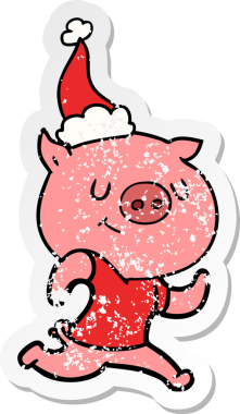 Mutlu el çizilmiş hüzünlü bir çizgi film. Bir insan tarafından çizilmiş Noel Baba şapkası takan bir domuz.