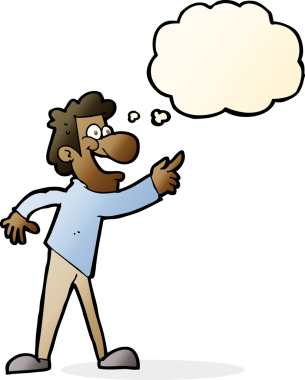 Çizgi filmci bir insan tarafından çizilmiş düşünce balonuyla gülüyor ve işaret ediyor.