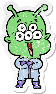 Bir insan tarafından çizilmiş mutlu çizgi film uzaylısının sıkıntılı çıkartması.