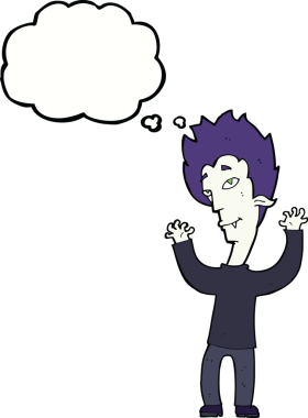 Bir insan tarafından çizilmiş düşünce balonlu vampir adam.