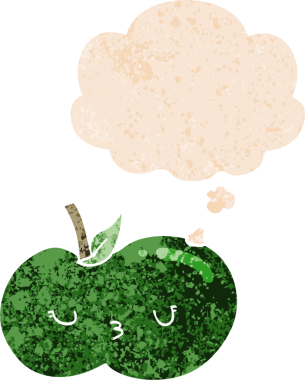 Düşünce baloncuğu ve grunge ile çizgi film şirin elma bir insan tarafından çizilmiş sıkıntılı retro desen tarzı