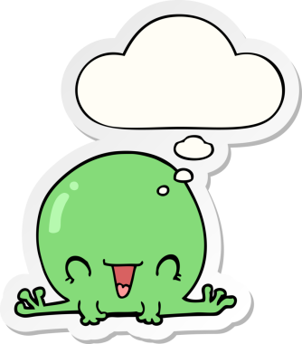 Düşünce baloncuğu insan tarafından çizilmiş bir çıkartma olan karikatür kurbağası.