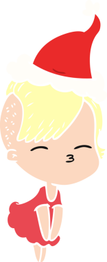 Bir insan tarafından çizilmiş Noel Baba şapkası giyen şaşı bir kızın el çizimi düz bir çizimi.