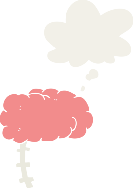 Düşünce baloncuklu karikatür beyni insan tarafından çizilmiş.