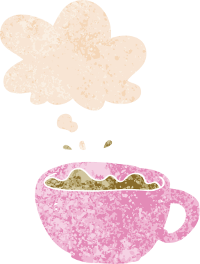 Düşünce baloncuklu çizgi film kahve fincanı grunge sıkıntılı retro dokuma tarzı bir insan tarafından çizilmiş