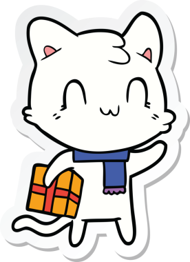 Bir insan tarafından çizilmiş eşarp giyen mutlu bir kedinin çıkartması.