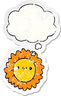 Düşünce baloncuğu olan karikatür çiçeği insan tarafından çizilmiş yıpranmış bir çıkartma gibi.