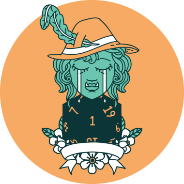 Ağlayan Ork ozan karakteri ikonu. Bir insan tarafından çizilmiş doğal bir D20 rulosu.