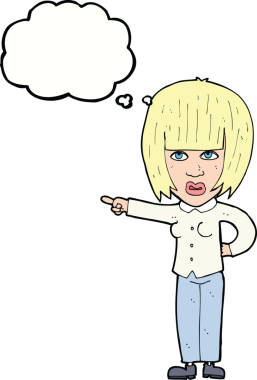 Bir insan tarafından çizilmiş düşünce baloncuğuyla rahatsız bir kadını işaret eden çizgi film.