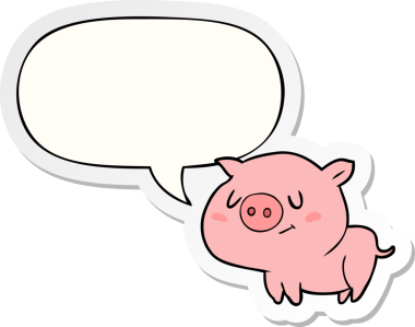 Bir insan tarafından çizilmiş baloncuk çıkartmalı şirin çizgi film domuzu.