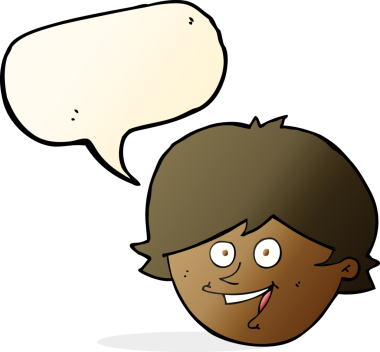 Bir insan tarafından çizilmiş konuşma balonlu mutlu çocuk yüzü.