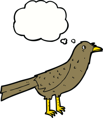 Bir insan tarafından çizilmiş düşünce baloncuklu çizgi film kuşu.