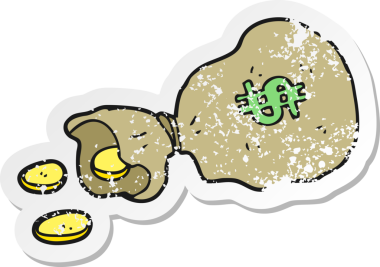 Bir insan tarafından çizilmiş para dolu bir karikatür çantasının geriletilmiş etiketi.