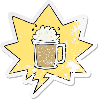 Bir insan tarafından çizilmiş, sıkıntılı, sıkıntılı, eski bir çıkartma olan bir bira karikatürü.