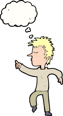 Bir insan tarafından çizilen düşünce baloncuğuyla işaret eden çizgi film adamı.