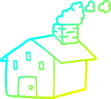 Bir insan tarafından çizilmiş bacası tüten bir çizgi film evi çizimi.