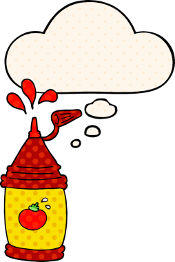 Çizgi roman tarzında bir insan tarafından çizilmiş düşünce baloncuklu ketçap şişesi.