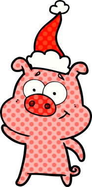 Mutlu el çizimi çizgi roman tarzı Noel Baba şapkası takan bir domuzun insan tarafından çizilmiş resmi.