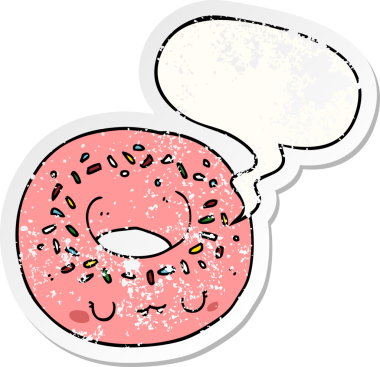 Konuşma baloncuklu çizgi film donutu bir insan tarafından çizilmiş sıkıntılı eski bir çıkartma