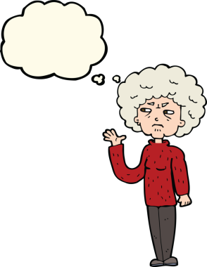 Bir insan tarafından çizilmiş düşünce baloncuğuyla el sallayan yaşlı bir kadın.