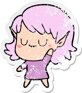 Bir insan tarafından çizilmiş mutlu bir elf kızının sıkıntılı çıkartması.