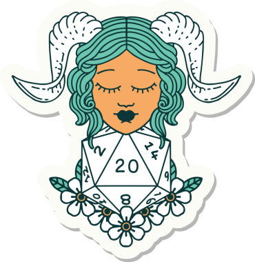 Bir insan tarafından çizilmiş doğal yirmi zarla yapıştırılmış bir etiket.