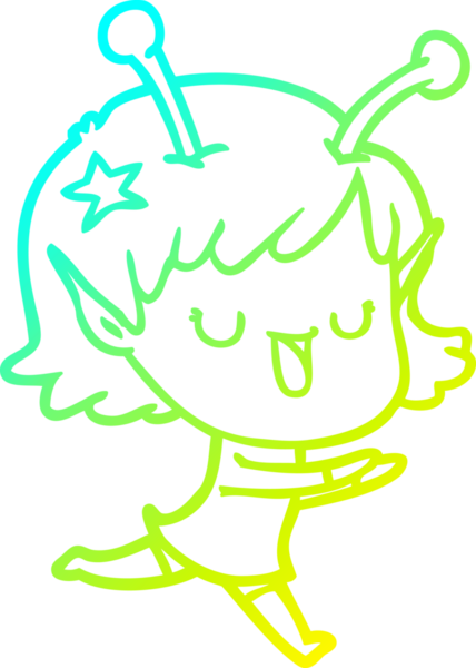 Bir insan tarafından çizilmiş mutlu bir uzaylı kız çizgi filmi.