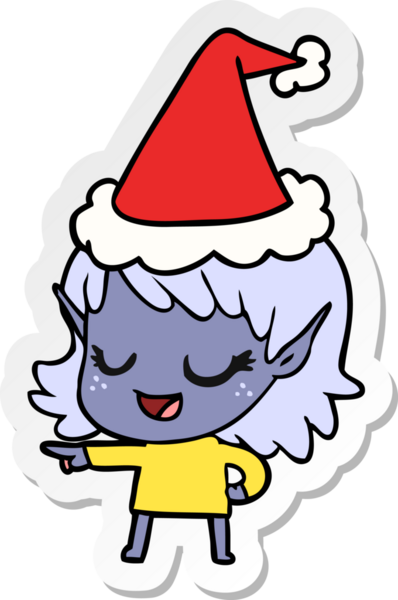 Bir insan tarafından çizilmiş Noel Baba şapkası giyen elf kızı çizilmiş mutlu el yazısı.