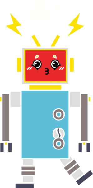 Bir insan tarafından çizilen robot arızasının düz renk retro karikatürü