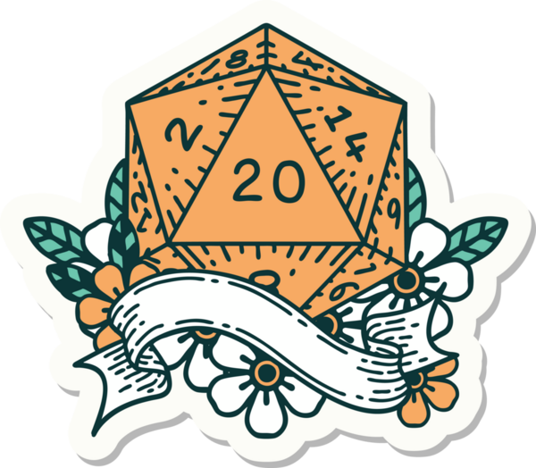 Bir insan tarafından çizilmiş 20 D20 zarının çıkartması.