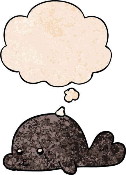 Bir insan tarafından çizilmiş grunge desenli düşünce baloncuklu bebek fok.