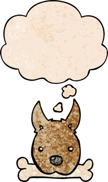 Düşünce baloncuğu olan kemikli çizgi film köpeği. Bir insan tarafından çizilmiş grunge doku tarzı.
