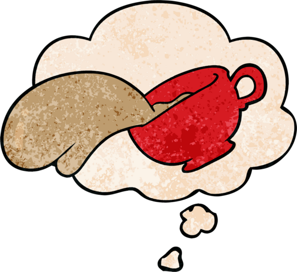 Bir insan tarafından çizilmiş grunge desenli düşünce baloncuklu çizgi film kahve fincanı.