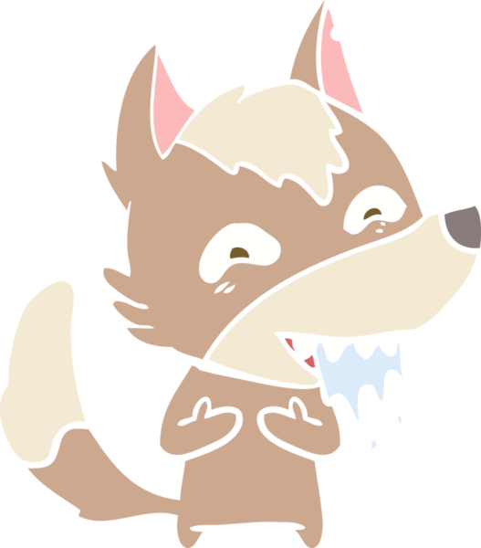 Düz renkli çizgi film aç kurt bir insan tarafından çizilmiş.