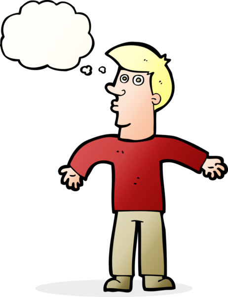 Bir insan tarafından çizilmiş düşünce baloncuğuyla omuzlarını silkeleyen çizgi film adamı.